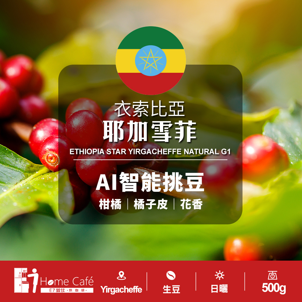 (生豆)E7HomeCafe一起烘咖啡 AI智慧挑豆衣索比亞耶加雪菲日曬一級單品咖啡生豆500克