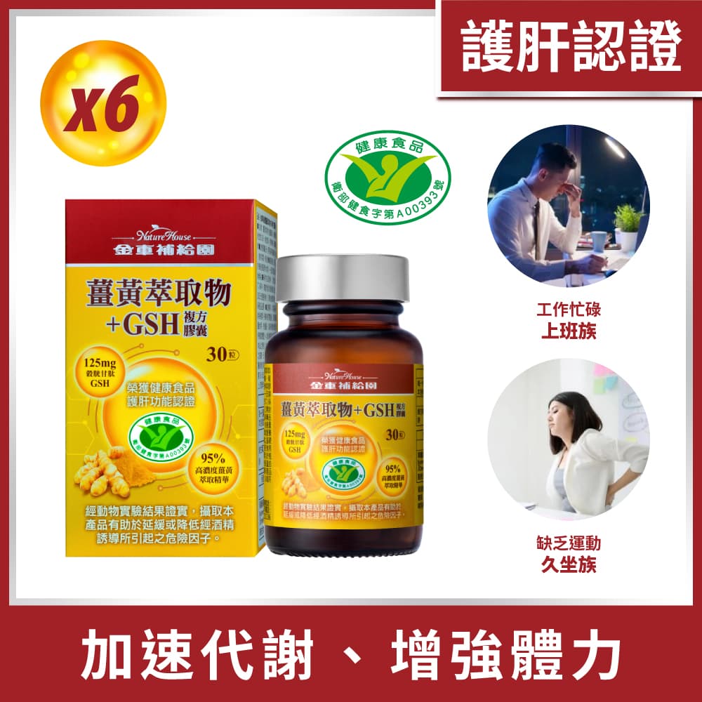 【金車補給園】薑黃萃取物+GSH複方膠囊(30粒*6瓶組)