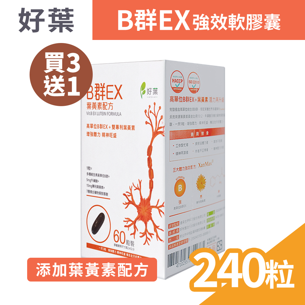 (買3送1) 好葉 B群EX強效軟膠囊 60粒/盒x4 (共240粒)
