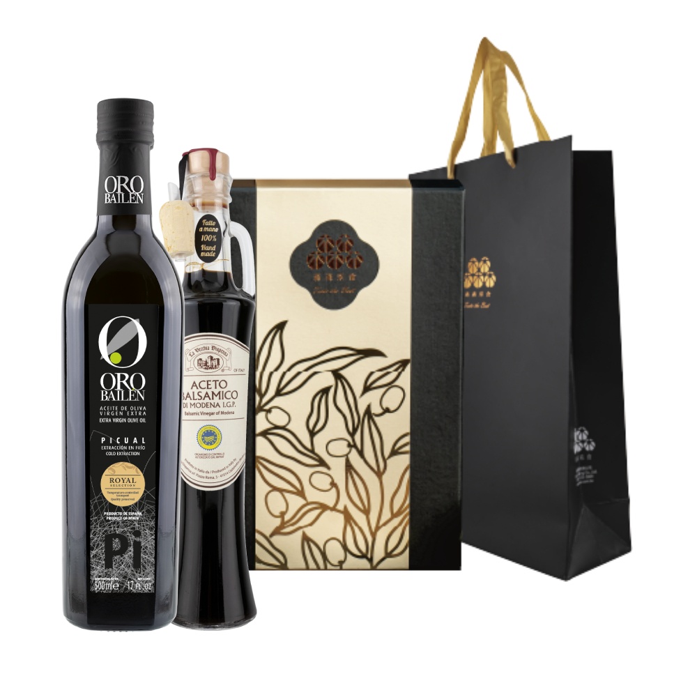 【Oro Bailen 皇嘉】皇家油醋禮盒組附精美提袋(特級冷壓初榨橄欖油500ml+巴薩米克醋有機二年250ml)