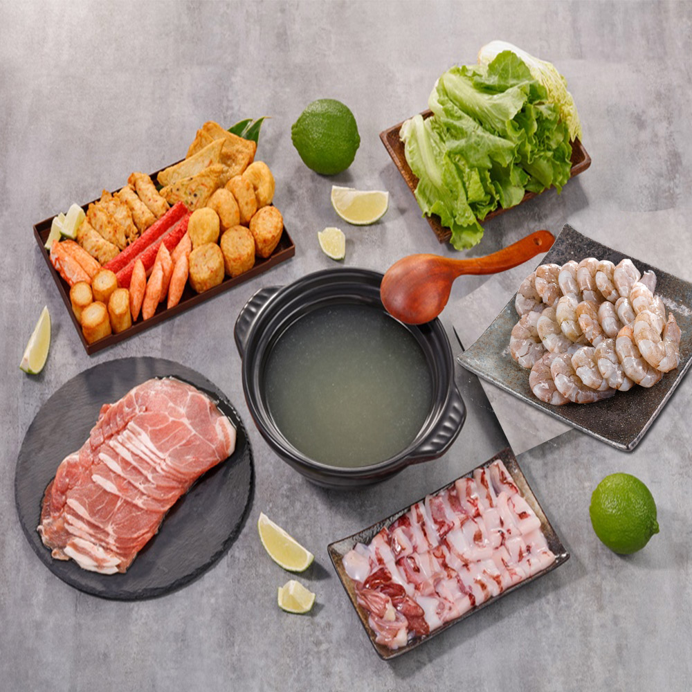 【華得水產】日本火鍋料+蝦仁+豬肉片+透抽切片+鱸魚高湯x2包=總共6件組