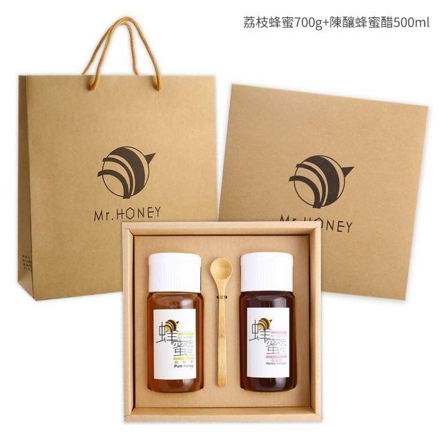 【蜂蜜先生Mr.Honey】雙饗禮盒(500ml+700g)-蜂蜜醋+荔枝蜂蜜(或野花蜂蜜)