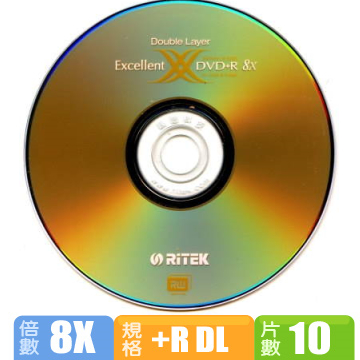Ritek錸德 8X DVD+ RDL 8.5GB單面雙層10P布丁桶