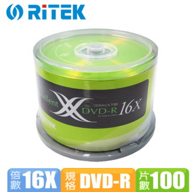 錸德RiTEK X系列 16X DVD-R光碟片(100布丁)