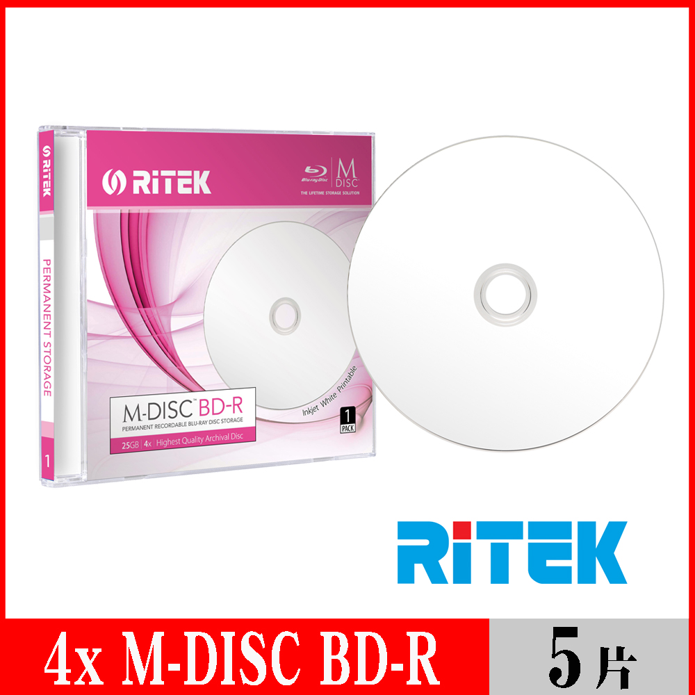 RITEK錸德 M-DISC千年光碟 4X BD-R 25GB 珍珠白滿版可列印/單片盒裝5入