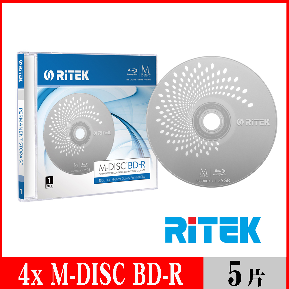 RITEK錸德 M-DISC千年光碟 4X BD-R 25GB/單片盒裝5入