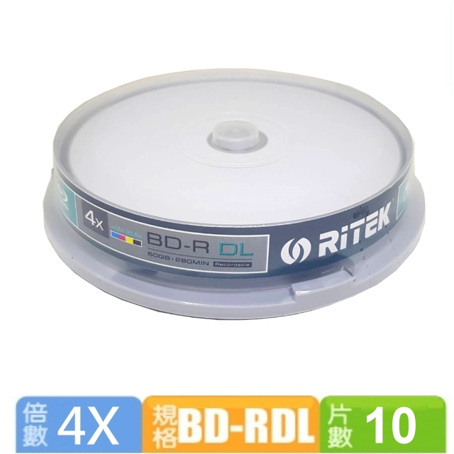錸德 Ritek 藍光 Blu-ray X版 BD-R 4X DL 50GB 珍珠白滿版可印片 布丁桶裝(10片)