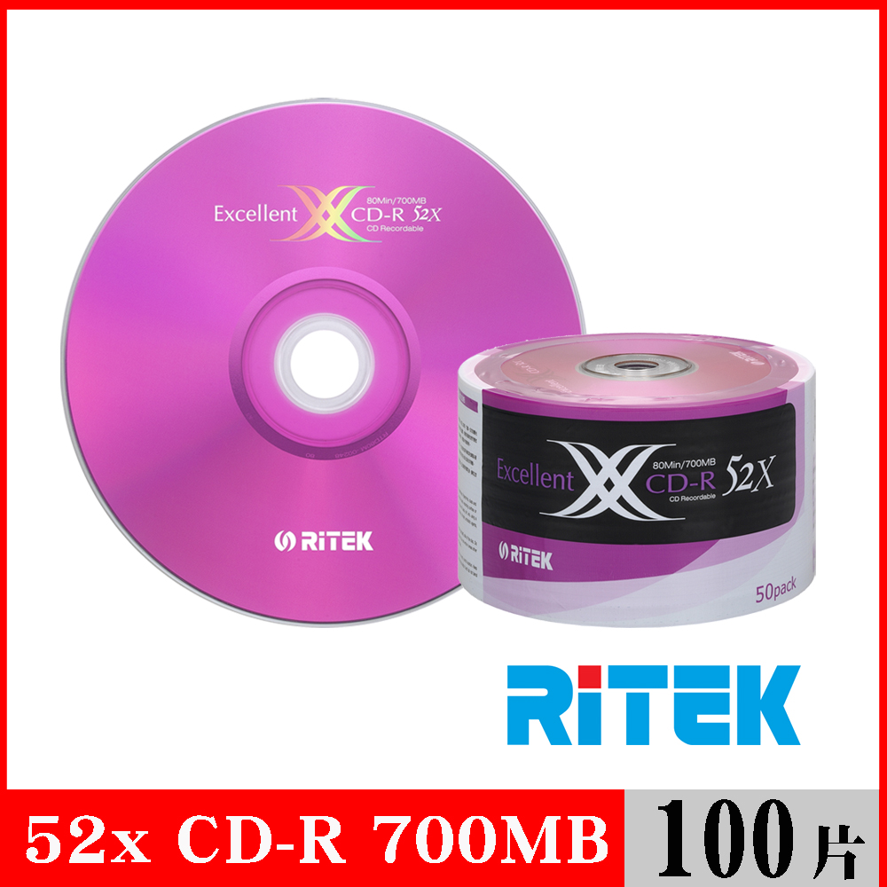 RITEK錸德 52X CD-R白金片 X版/100片裸裝