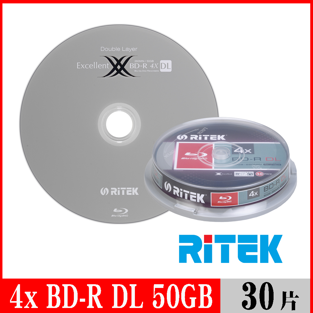 RITEK錸德 4X BD-R DL 50GB 藍光片 X版/30片布丁桶裝