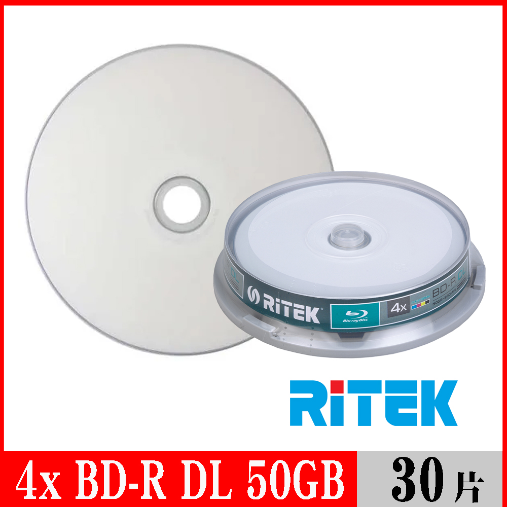 RITEK錸德 4X BD-R DL 50GB 藍光片 珍珠白滿版可列印/30片布丁桶裝