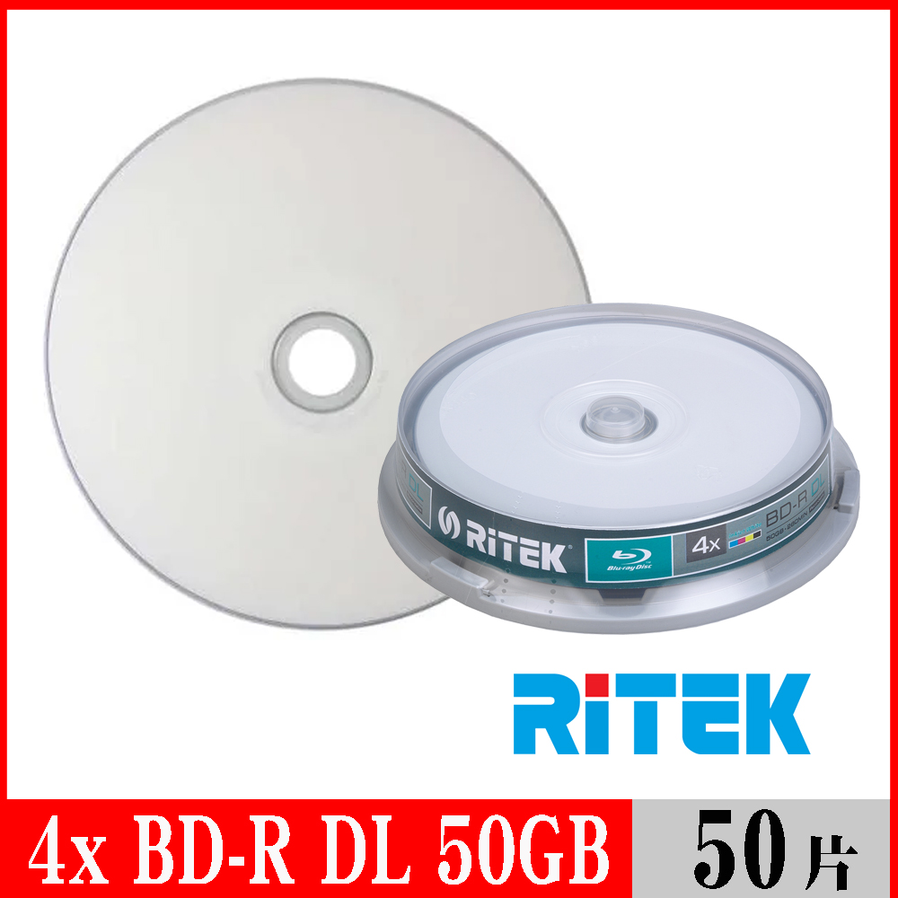 RITEK錸德 4X BD-R DL 50GB 藍光片 珍珠白滿版可列印/50片布丁桶裝