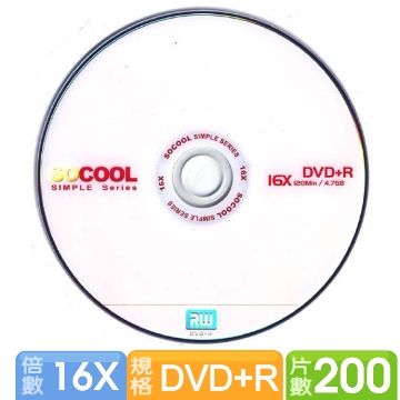 SOCOOL DVD+R 16X 200片裝
