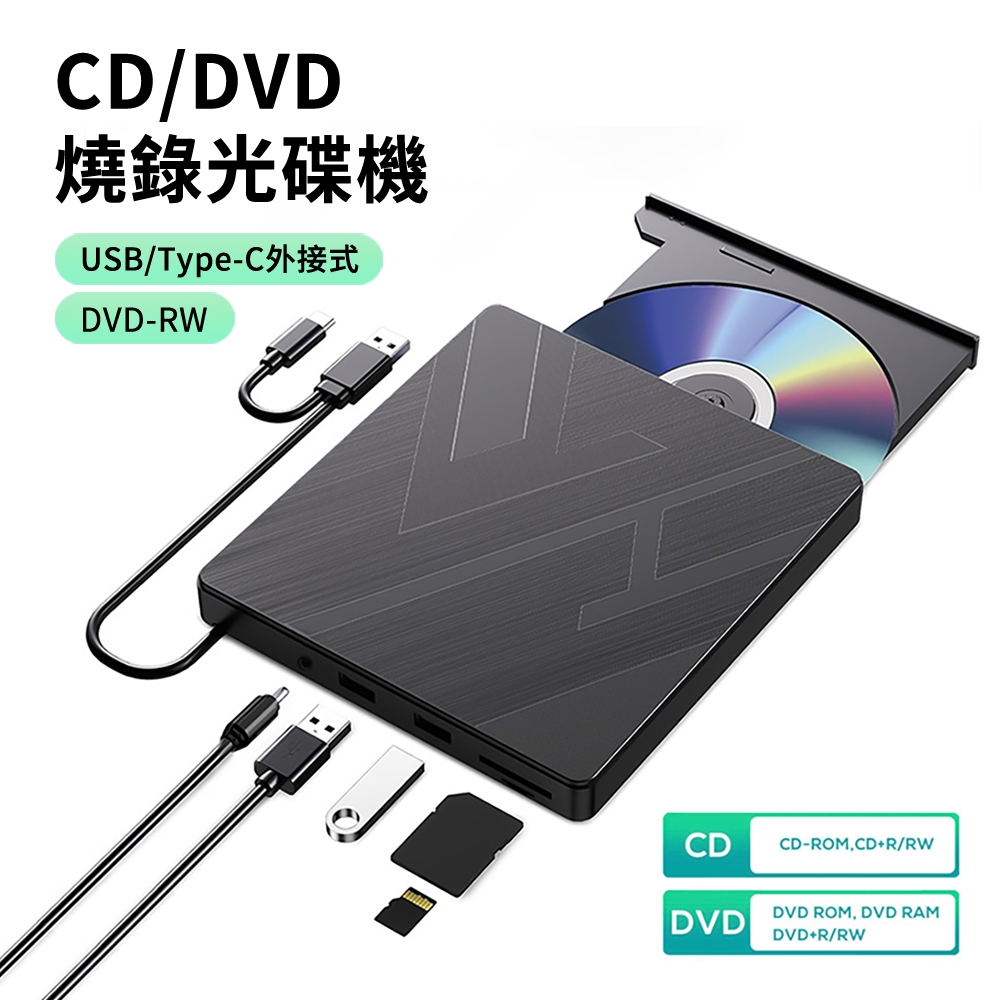 HADER 五合一 USB/Type-C 外接式CD/DVD燒錄機 USB擴展光碟機 SD/TF卡轉接外置光驅