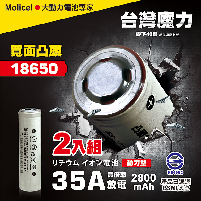 【台灣Molicel】18650高倍率動力型鋰電池2800mAh(凸頭)2入