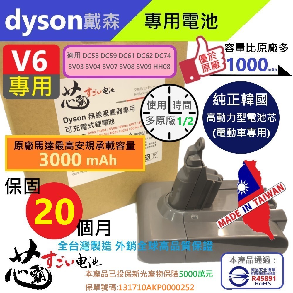 【芯霸電池】戴森 Dyson V6 DC58 DC59 DC61 DC62 DC72 DC74 SV03 SV07 SV09/3000mAh