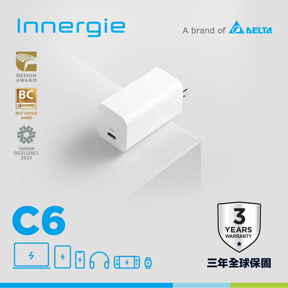 Innergie C6 (GaN 摺疊版) 60瓦 USB-C 萬用充電器(無塑包裝)