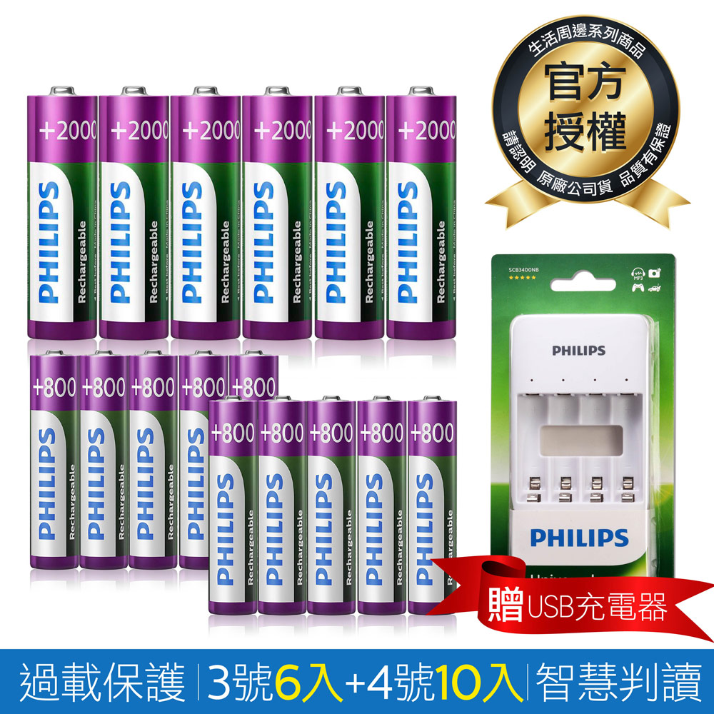 【PHILIPS】低自放鎳氫充電電池3號6入+4號10入(贈USB智慧型充電器)