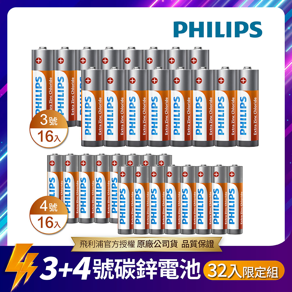 【PHILIPS飛利浦】3+4號 LongLife 碳鋅電池 ( 各16顆 )