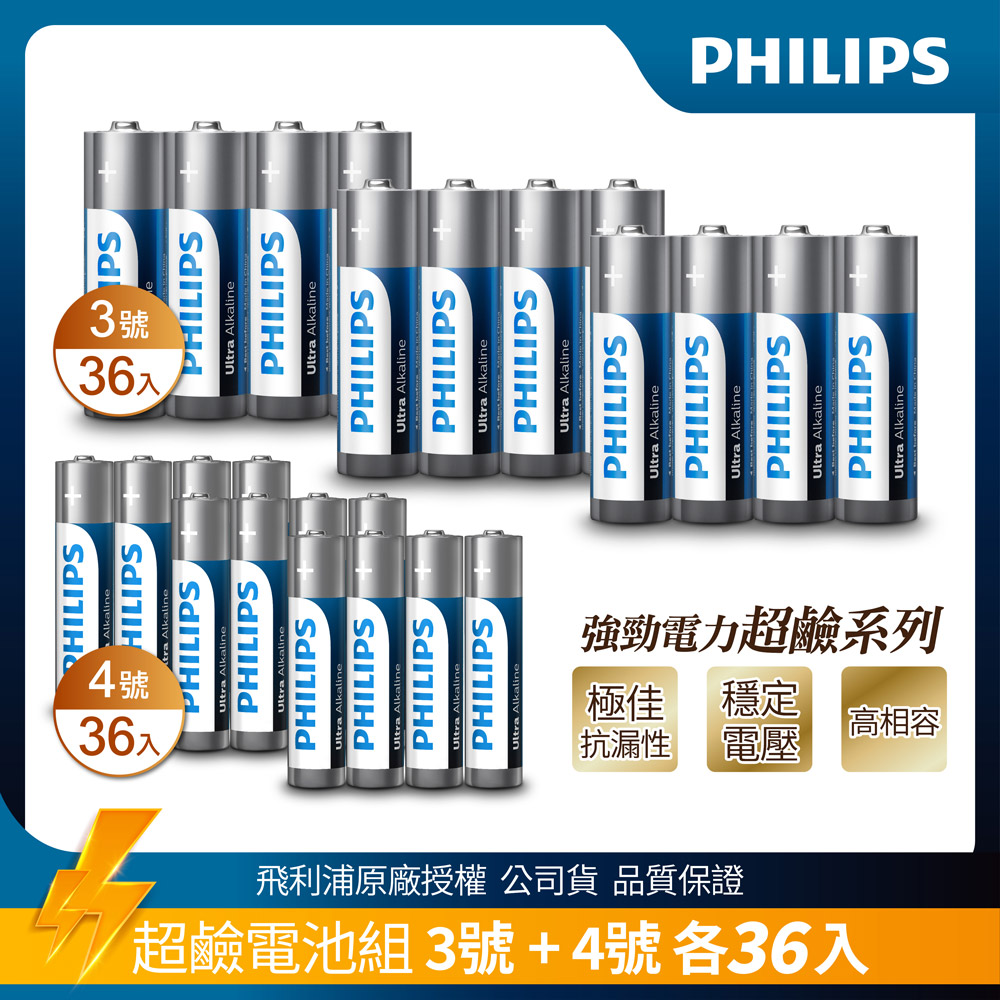 【PHILIPS飛利浦】3號超鹼電池36顆+4號超鹼電池36顆(共72顆)