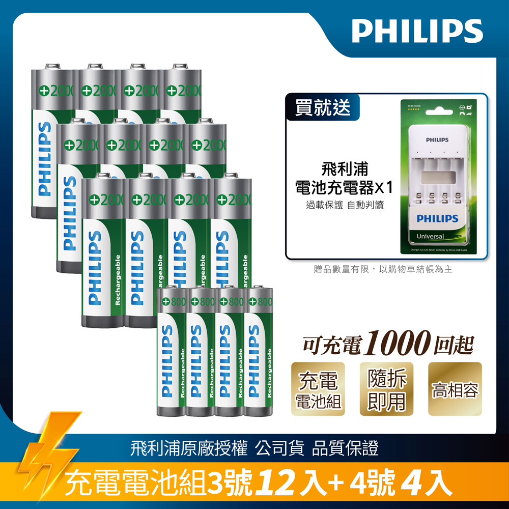【PHILIPS】低自放鎳氫充電電池3號12入+4號4入(贈USB智慧型充電器)