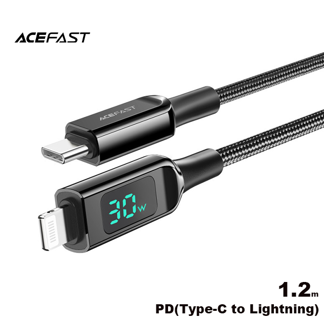 ACEFAST C6-01 USB-C to Lightning 鋅合金數顯編織充電數據線 MFi認證 黑色