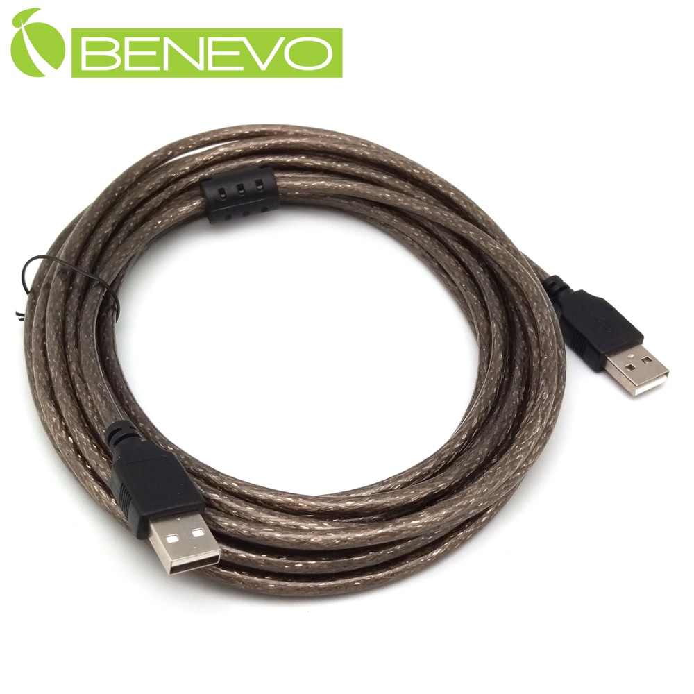 BENEVO專業級 5米 USB2.0 A公-A公 訊號連接線，採128編金屬編織與磁環