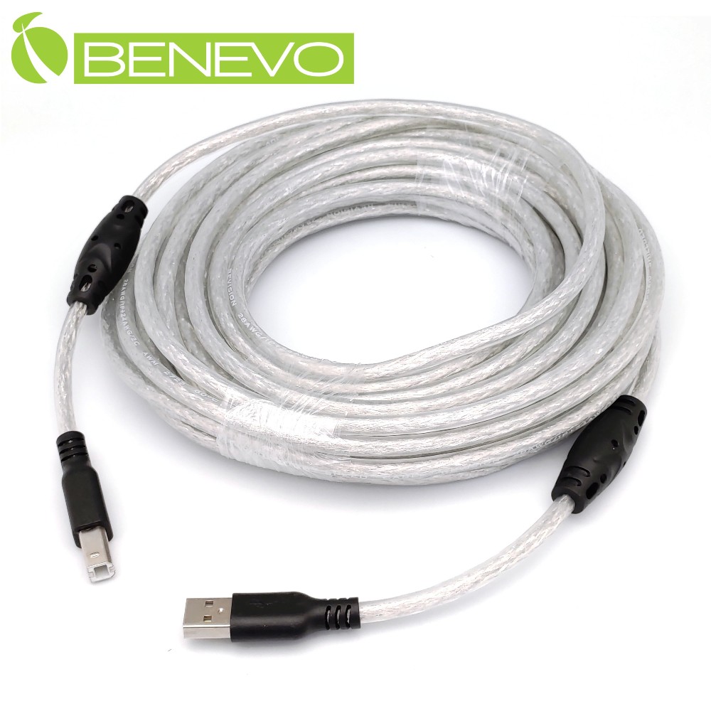 BENEVO專業級 10米 USB2.0 A公-B公 訊號連接線，採128編金屬編織與磁環
