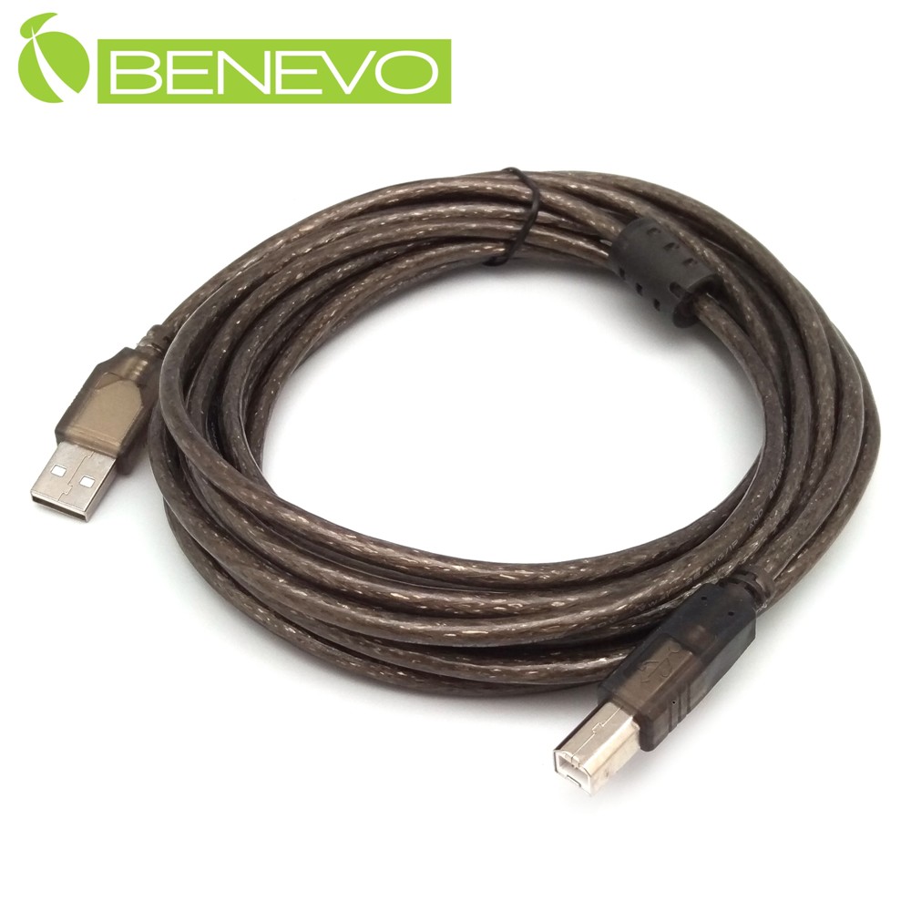 BENEVO專業級 5米 USB2.0 A公-B公 訊號連接線，採128編金屬編織與磁環