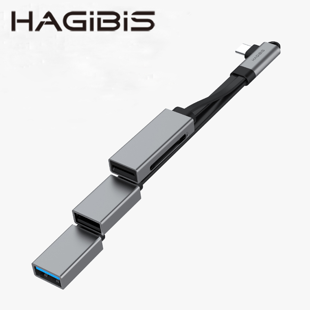 HAGiBiS Type-C轉USB轉接頭(彎頭）USB3.0*1+USB2.0*1+SD/TF卡槽
