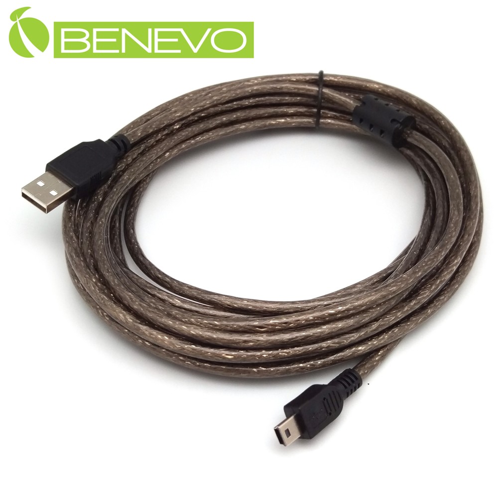 BENEVO專業級 5米 USB2.0 A公-Mini B公 訊號連接線，採128編金屬編織與磁環