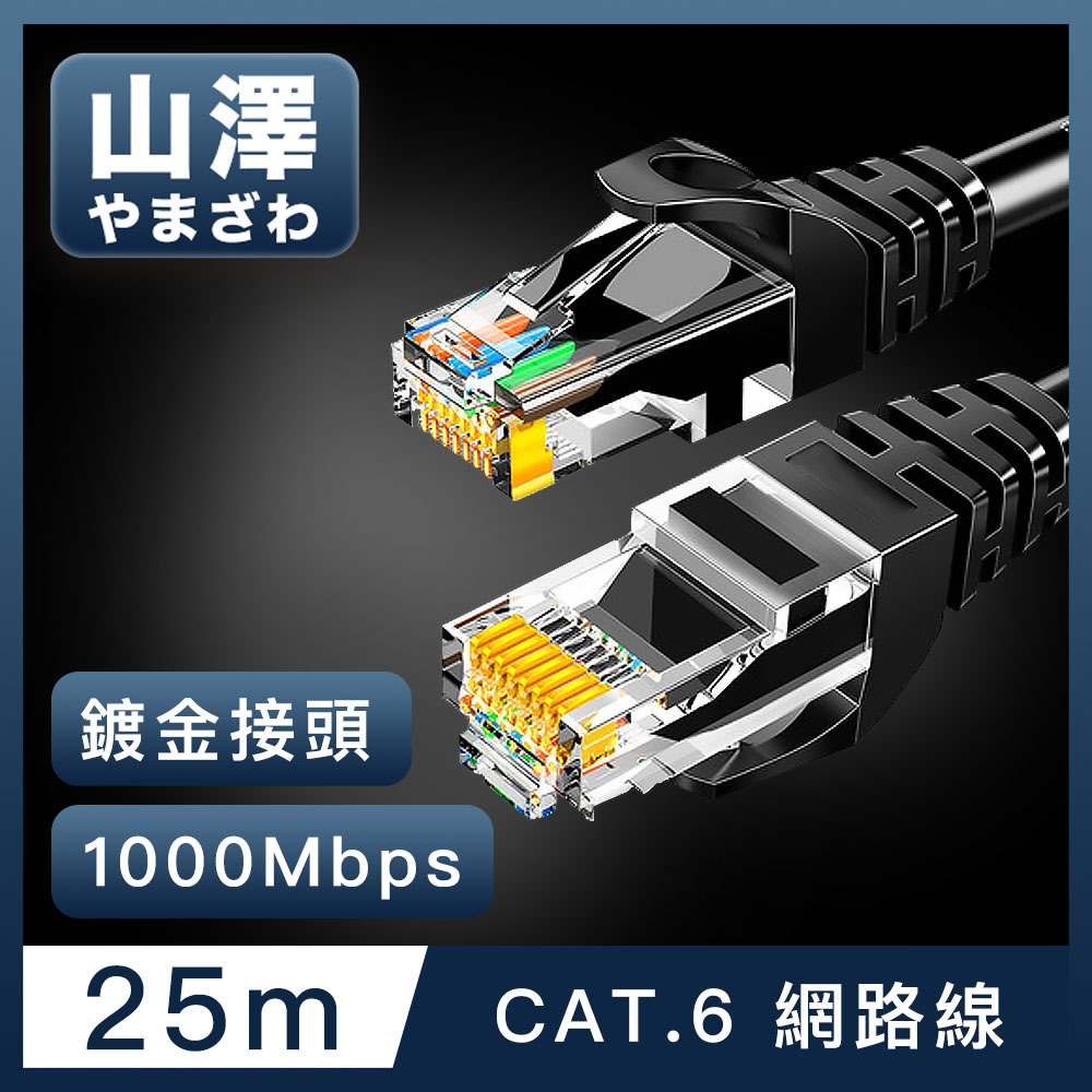 山澤 Cat.6 1000Mbps高速傳輸十字骨架八芯雙絞網路線 黑/25M