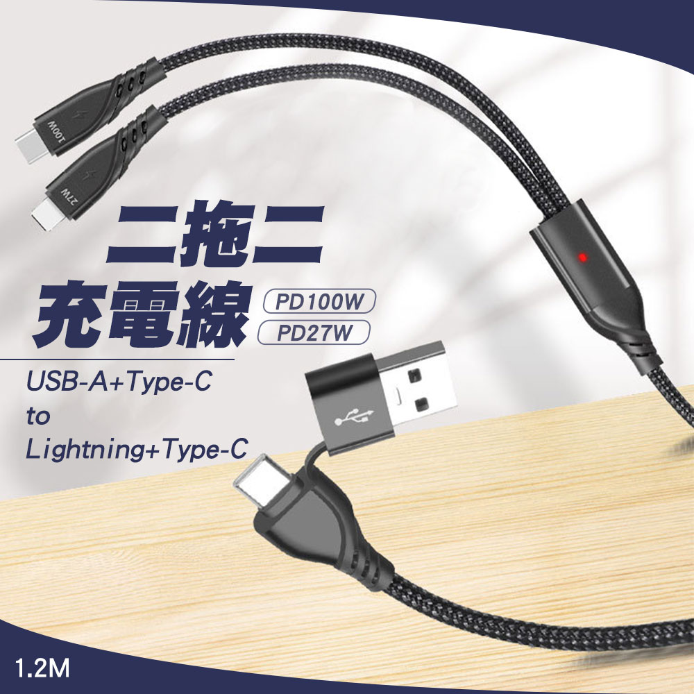 SHOWHAN PD 100W+27W 二拖二 USB-A+Type-C to Lightning+Type-C充電線1.2M-黑