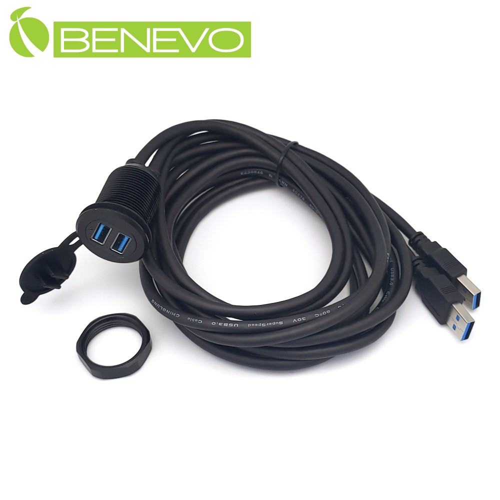 BENEVO面板型 2米 雙孔USB3.0訊號延長線 (BUSB3202AMF圓孔金屬黑)