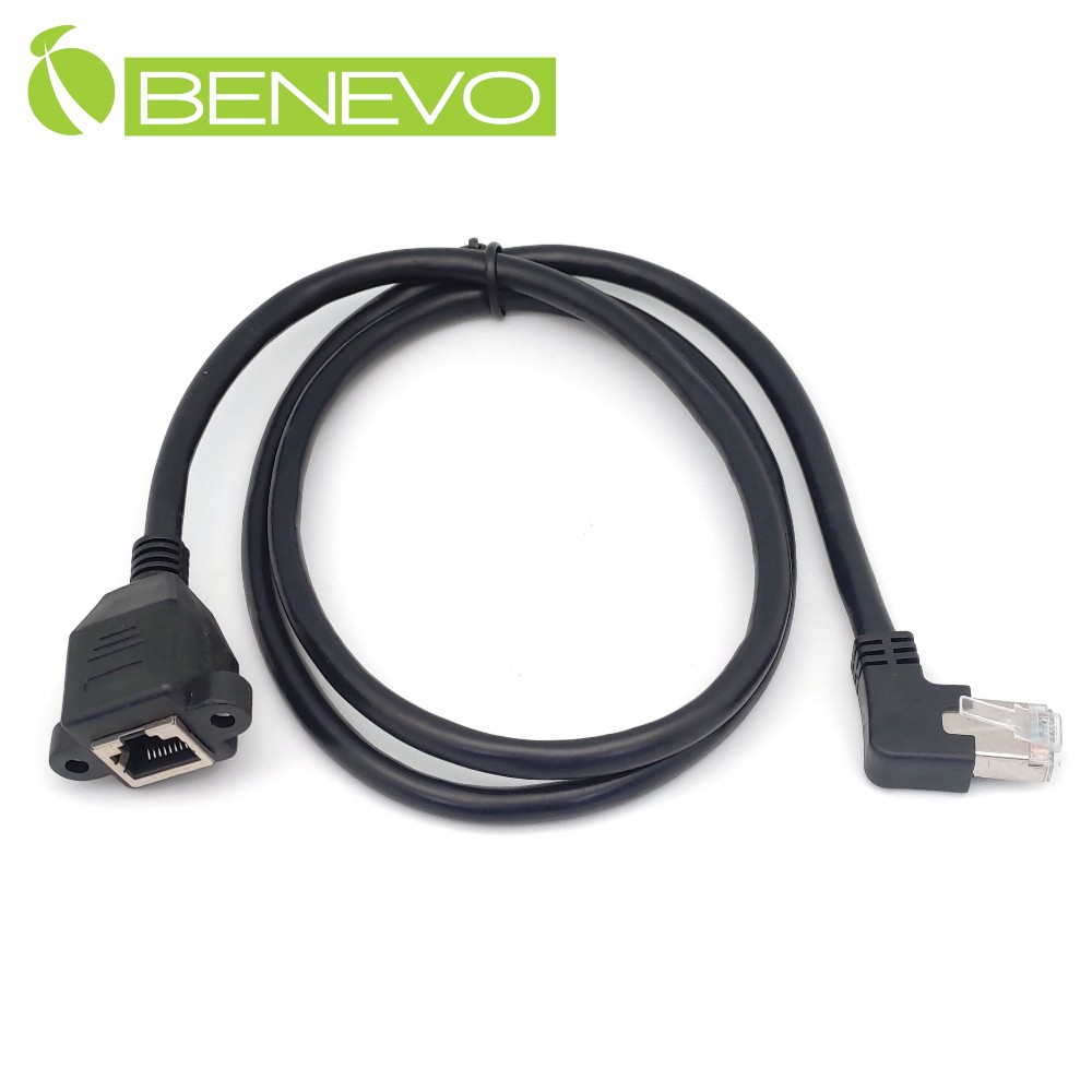 BENEVO可鎖左彎型 1米 Cat6遮蔽/十字隔離 RJ45接頭延長線(公對母，母頭帶螺絲孔)
