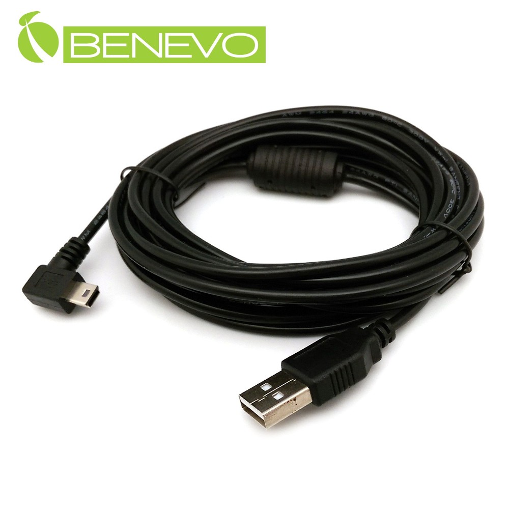 BENEVO左彎型 4M Mini-USB電源連接線，用於行車紀錄器/GPS導航供電