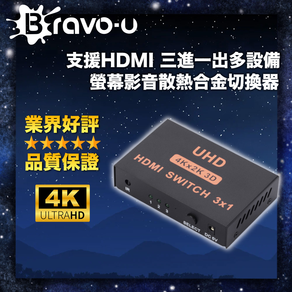 Bravo-u 支援HDMI 三進一出多設備/螢幕影音散熱合金切換器