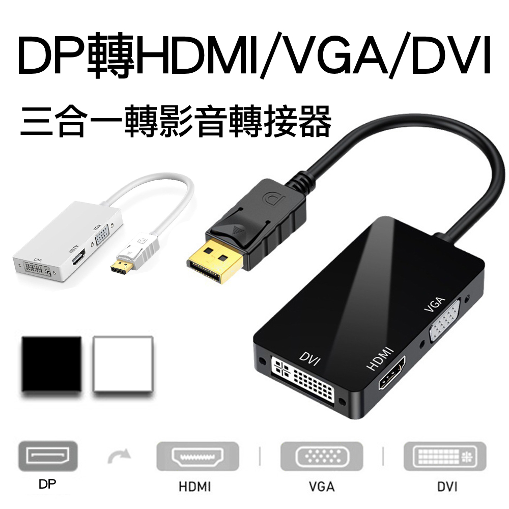 DP轉HDMI/VGA/DVI影音轉接線 1080P高畫質DisplayPort to 3合1訊號轉接器