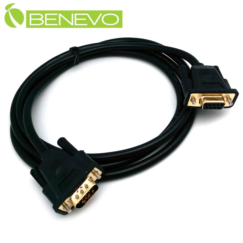 BENEVO專業直通型 1.5M 公對母鍍金接頭RS232串列埠訊號延長線