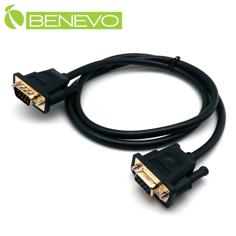 BENEVO專業直通型 1M 公對母鍍金接頭RS232串列埠訊號延長線