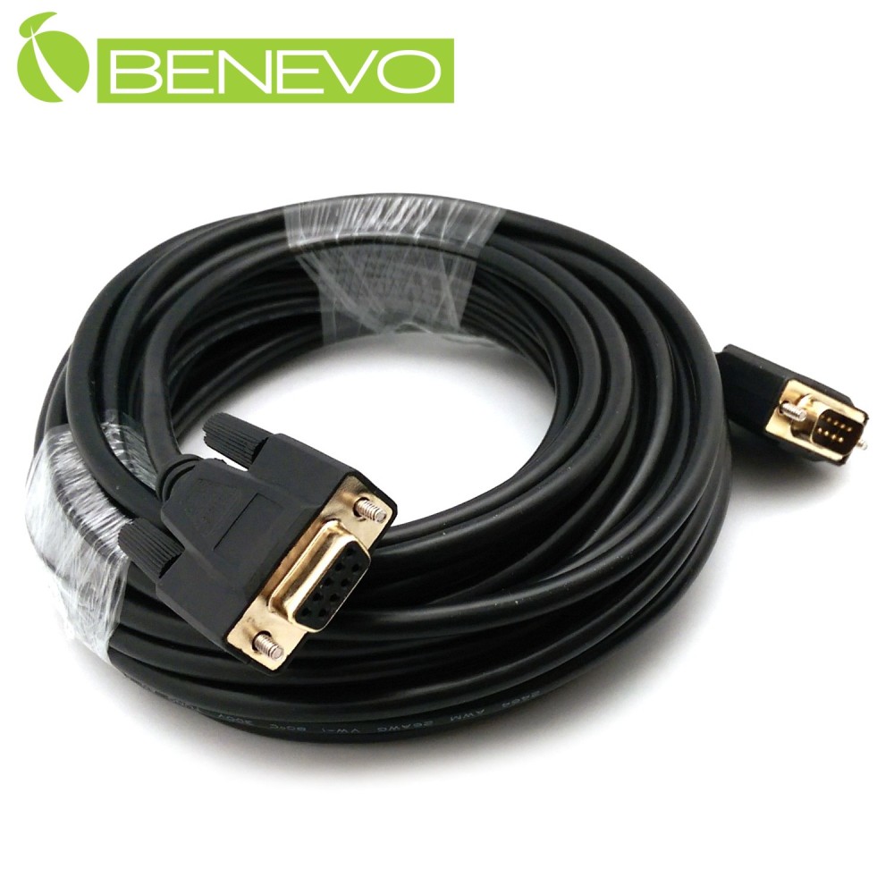 BENEVO專業直通型 10M 公對母鍍金接頭RS232串列埠訊號延長線