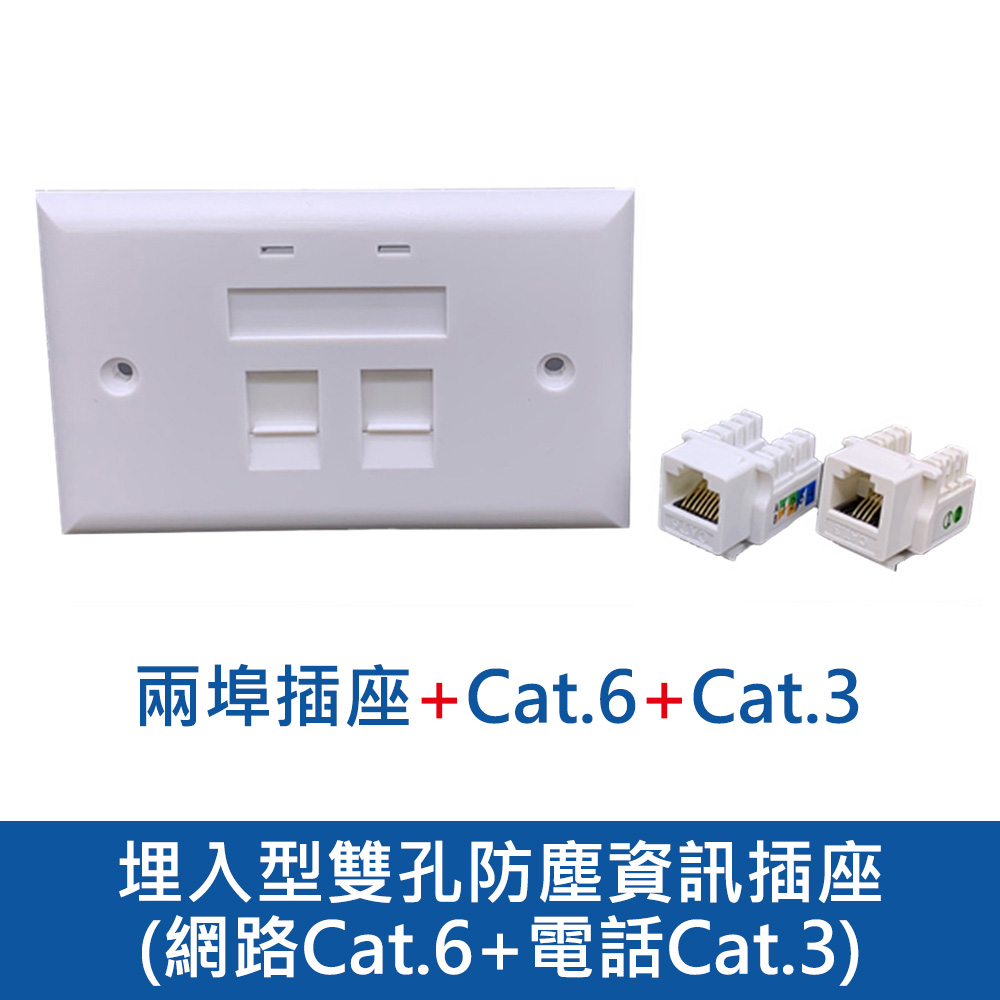 埋入型雙孔防塵資訊插座-網路Cat.6+電話Cat.3