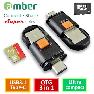 amber USB3.1 Type-C OTG 3合一,micro SD Reader/USB 3.1 Type-C/USB 3.1 A micro SD
