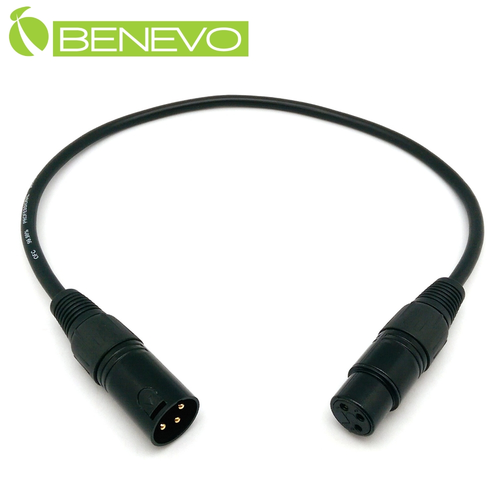 BENEVO 50cm XLR(Cannon接頭)公對母 平衡式音訊連接線 (BAU0050XMF黑)