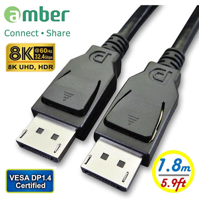amber VESA DisplayPort 1.4 Certified Cable DP male to DP male,1.8m(5.9ft) 8K/60Hz HDR