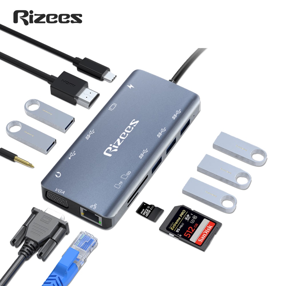 Rizees RH12 十二合一Type-C HUB轉接集線器(RJ45網路孔/HDMI埠/VGA/Micro SD/TF卡/耳機孔)