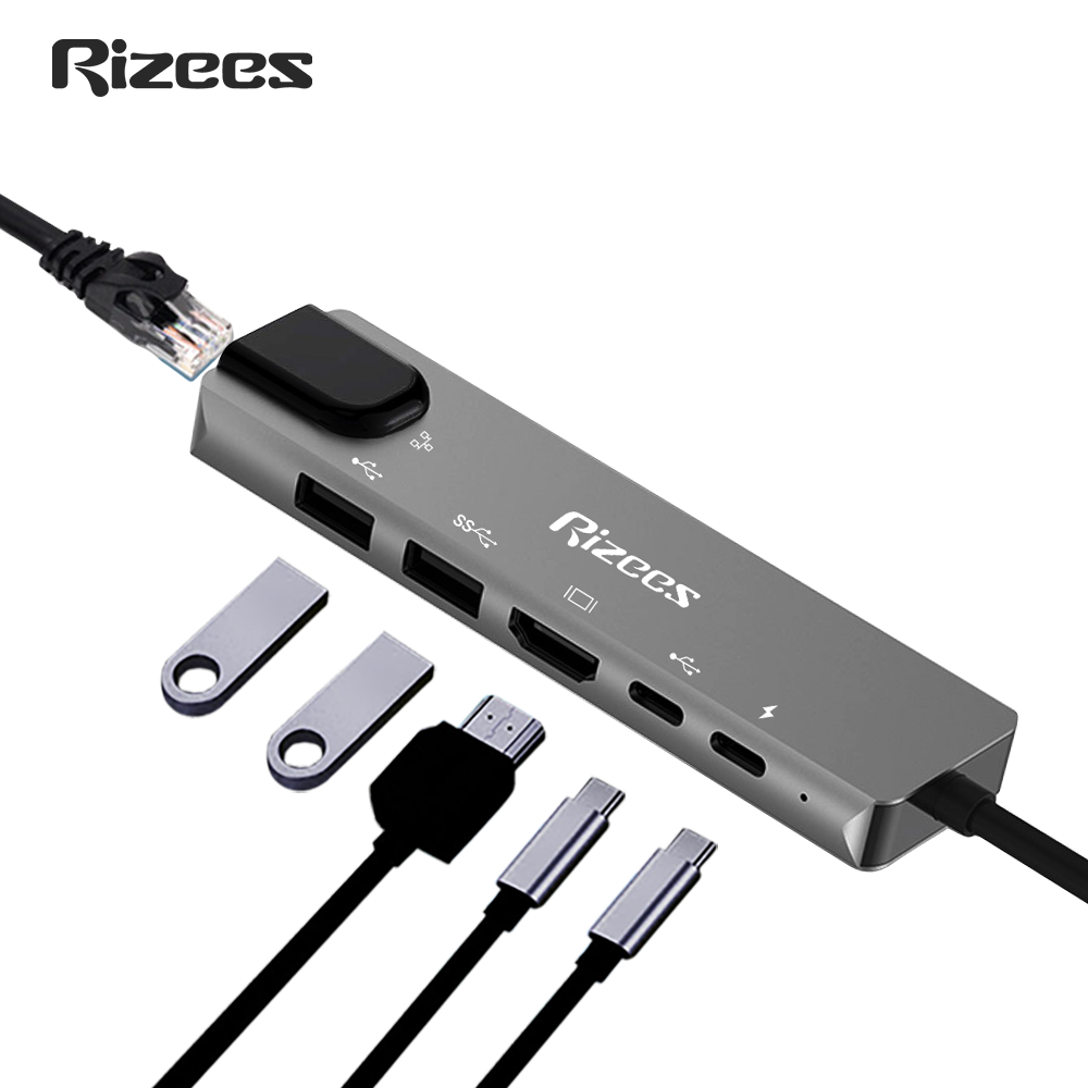 Rizees RH6 六合一Type-C HUB多功能轉接集線器(轉RJ45網路孔 USB埠 HDMI PD快充)