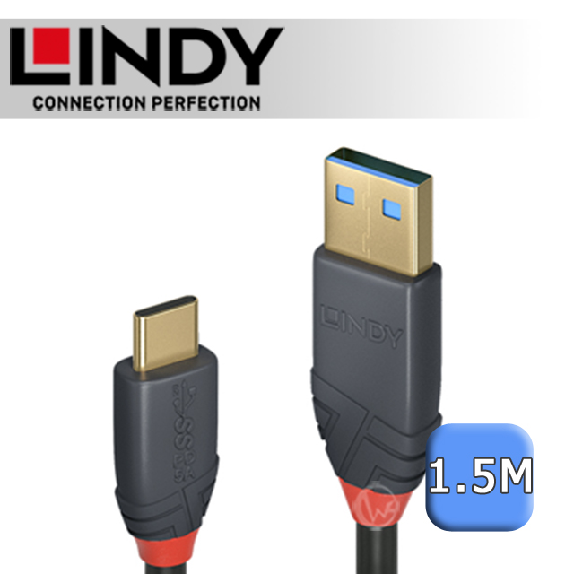 LINDY 林帝 ANTHRA USB 3.1 Gen 2 Type-C/公 to A/公 傳輸線 + PD電流晶片 1.5m (36912)