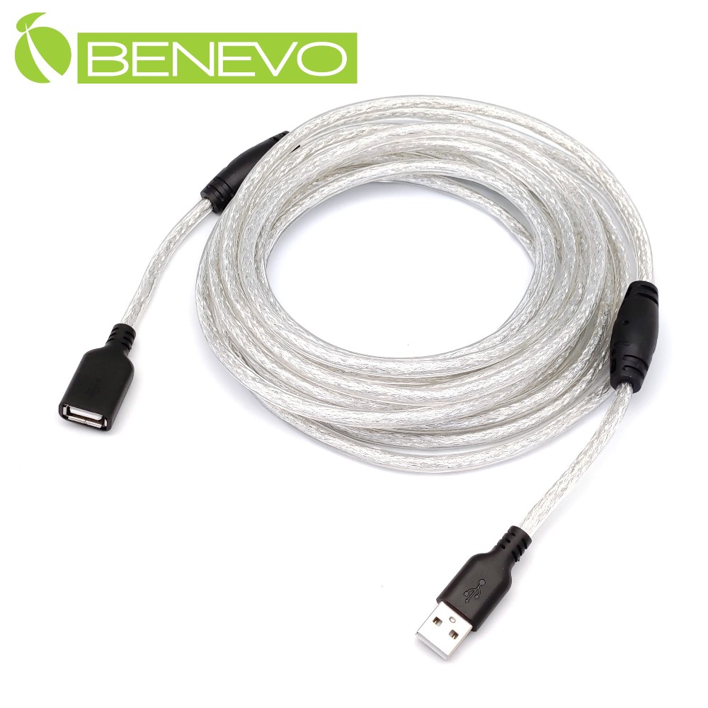 BENEVO專業級 5米 USB2.0 A公-A母 高隔離延長線，採128編金屬編織與磁環