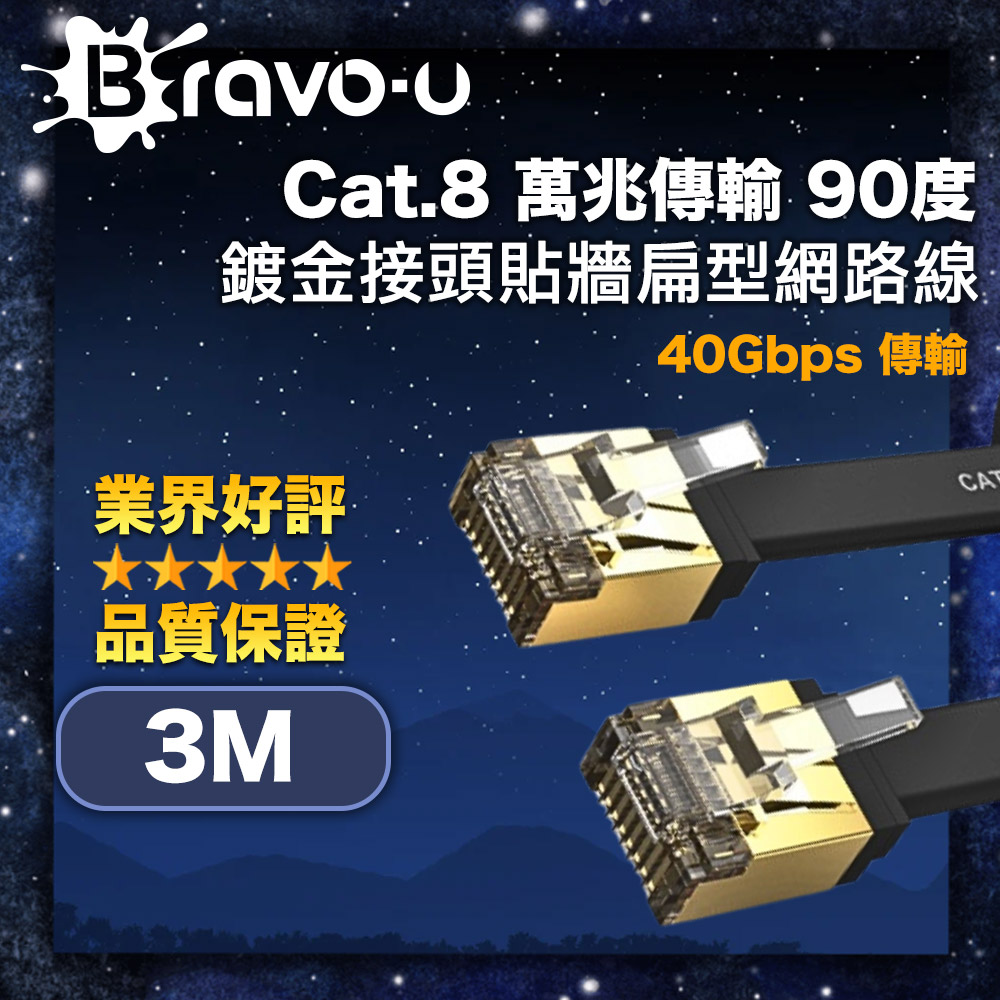 Bravo-u Cat.8 萬兆傳輸 90度超短鍍金接頭貼牆扁型網路線 黑 3M
