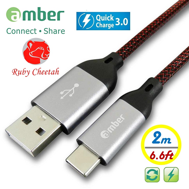 amber USB Sync/Fast Charge Ruby Cheetah A to USB Type-C Cable-2m